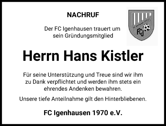 Traueranzeige von Hans Kistler von Aichacher Nachrichten