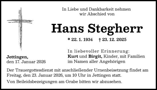 Traueranzeige von Hans Stegherr von Günzburger Zeitung