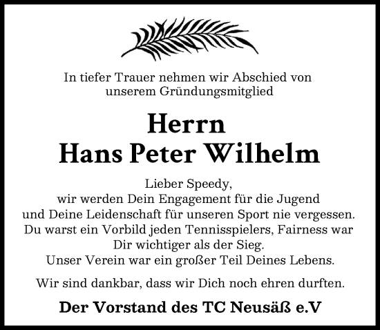 Traueranzeige von Hans Peter Wilhelm von Augsburg-Land