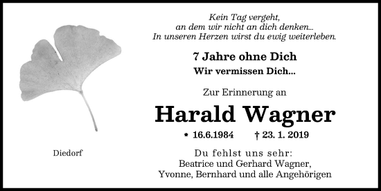 Traueranzeige von Harald Wagner von Augsburger Allgemeine