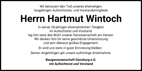 Traueranzeige von Hartmut Wintoch von Günzburger Zeitung