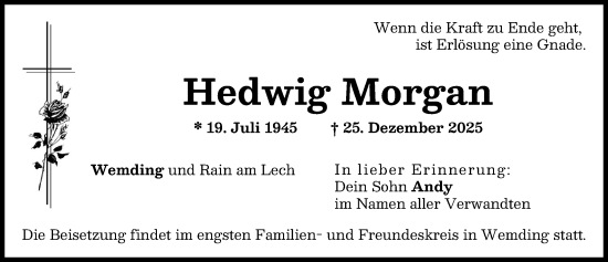 Traueranzeige von Hedwig Morgan von Donauwörther Zeitung