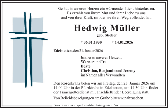 Traueranzeige von Hedwig Müller von Mittelschwäbische Nachrichten