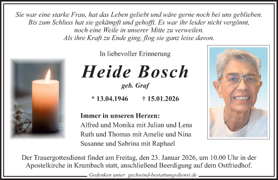 Traueranzeige von Heide Bosch von Mittelschwäbische Nachrichten