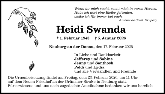 Traueranzeige von Heidi Swanda von Neuburger Rundschau