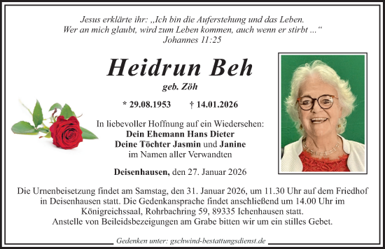 Traueranzeige von Heidrun Beh von Mittelschwäbische Nachrichten