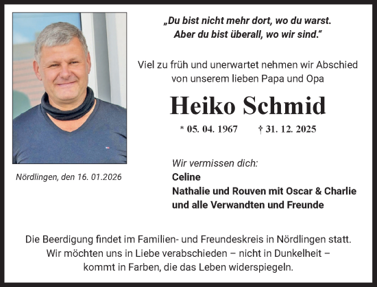 Traueranzeige von Heiko Schmid von Rieser Nachrichten