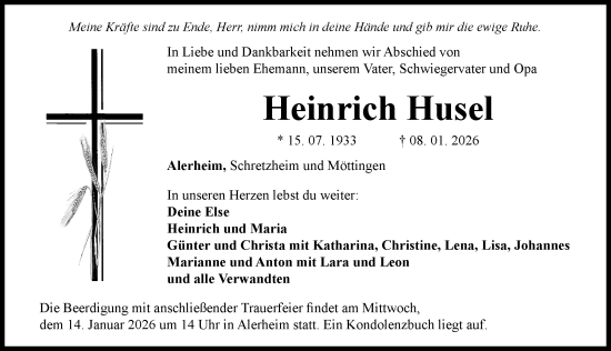 Traueranzeige von Heinrich Husel von Rieser Nachrichten
