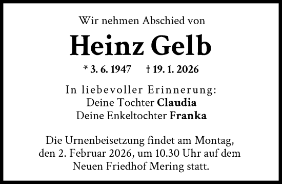 Traueranzeige von Heinz Gelb von Friedberger Allgemeine