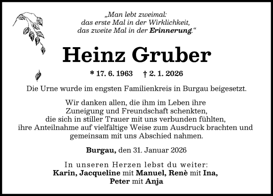 Traueranzeige von Heinz Gruber von Günzburger Zeitung