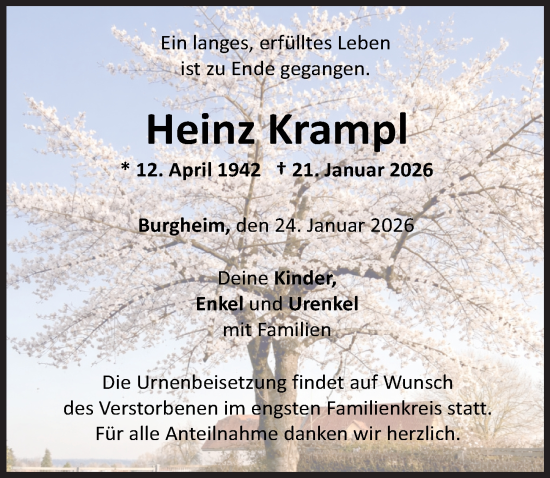 Traueranzeige von Heinz Krampl von Neuburger Rundschau