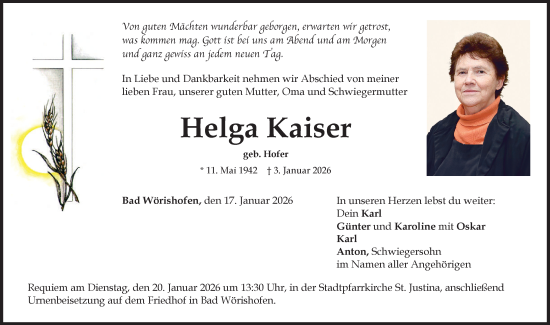 Traueranzeige von Helga Kaiser von Mindelheimer Zeitung