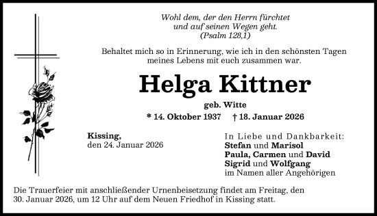 Traueranzeige von Helga Kittner von Friedberger Allgemeine