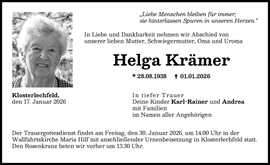 Traueranzeige von Helga Krämer von Schwabmünchner Allgemeine