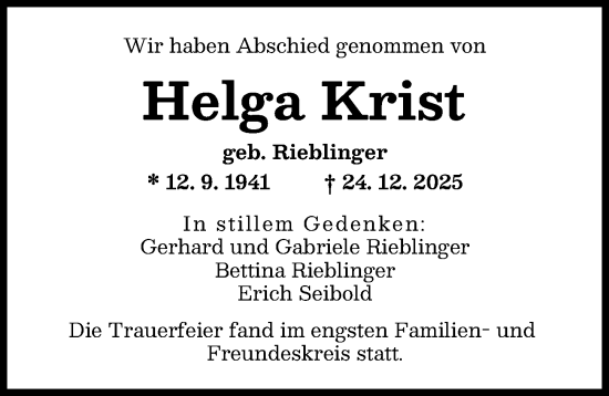 Traueranzeige von Helga Krist von Augsburger Allgemeine