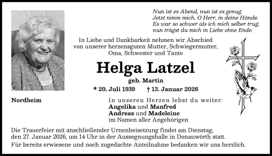 Traueranzeige von Helga Latzel von Donauwörther Zeitung