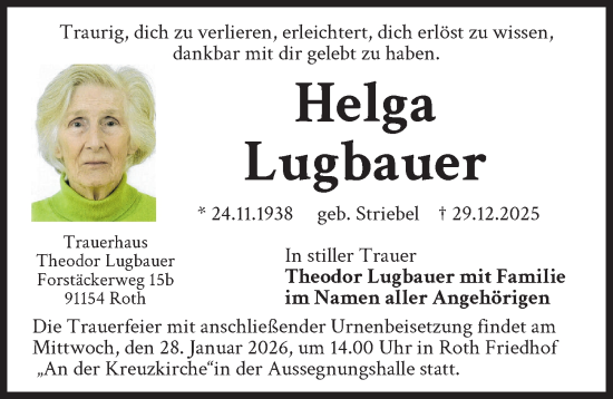 Traueranzeige von Helga Lugbauer von Donauwörther Zeitung