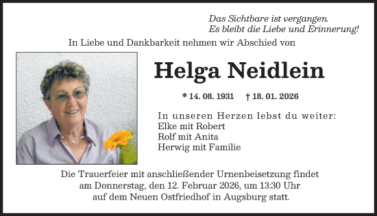 Traueranzeige von Helga Neidlein von Augsburger Allgemeine