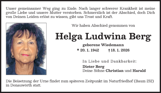 Traueranzeige von Helga Ludwina Berg von Donauwörther Zeitung