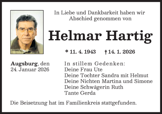 Traueranzeige von Helmar Hartig von Augsburger Allgemeine