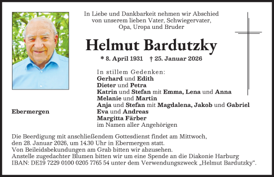 Traueranzeige von Helmut Bardutzky von Donauwörther Zeitung