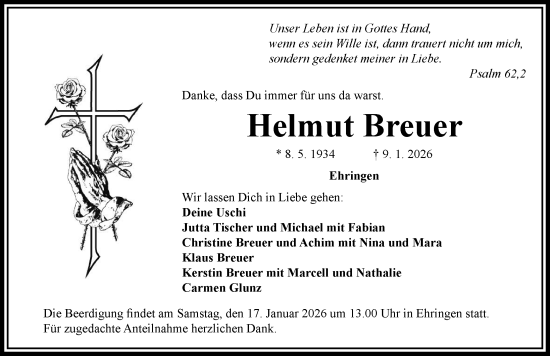 Traueranzeige von Helmut Breuer von Rieser Nachrichten