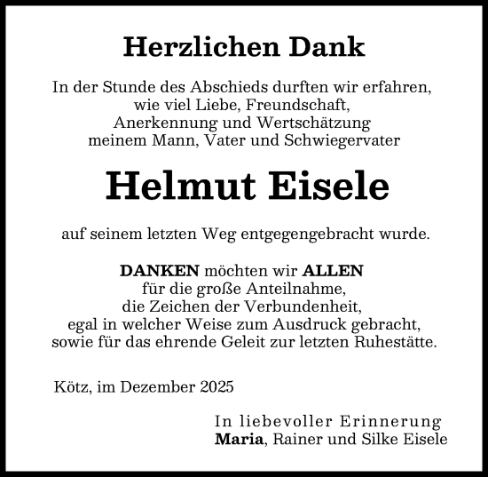 Traueranzeige von Helmut Eisele von Günzburger Zeitung