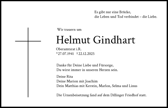 Traueranzeige von Helmut Gindhart von Donau Zeitung