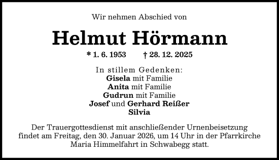 Traueranzeige von Helmut Hörmann von Schwabmünchner Allgemeine