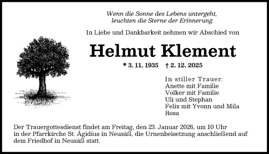 Traueranzeige von Helmut Klement von Augsburger Allgemeine