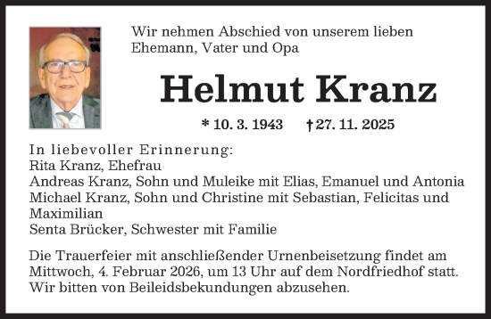 Traueranzeige von Helmut Kranz von Augsburger Allgemeine