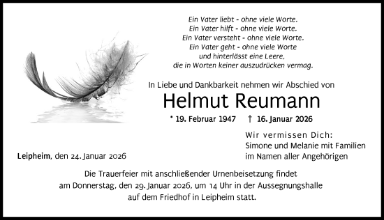 Traueranzeige von Helmut Reumann von Günzburger Zeitung