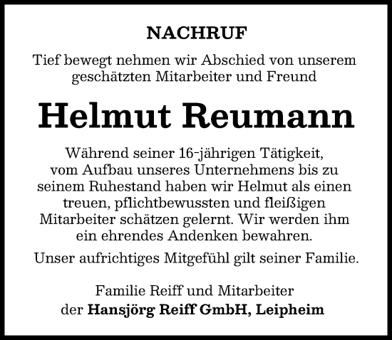 Traueranzeige von Helmut Reumann von Günzburger Zeitung