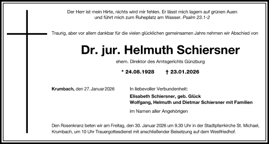 Traueranzeige von Helmuth Schiersner von Mittelschwäbische Nachrichten