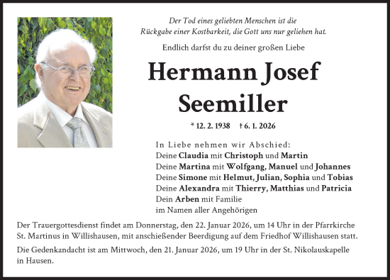 Traueranzeige von Hermann Josef Seemiller von Augsburg-Land