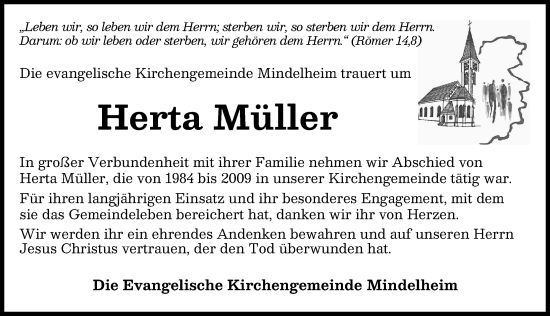 Traueranzeige von Herta Müller von Mindelheimer Zeitung