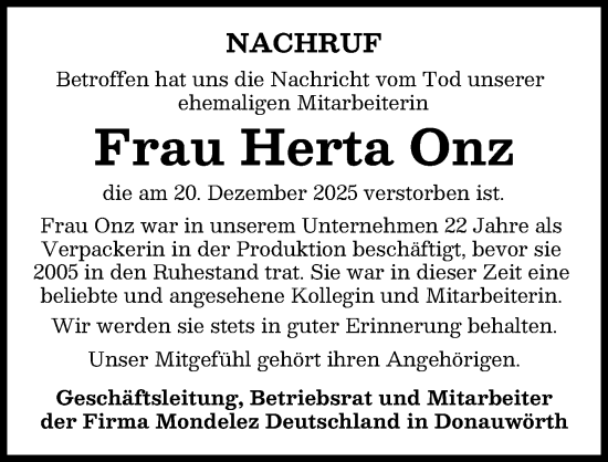 Traueranzeige von Herta Onz von Donauwörther Zeitung