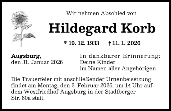 Traueranzeige von Hildegard Korb von Augsburger Allgemeine