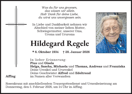 Traueranzeige von Hildegard Regele von Aichacher Nachrichten