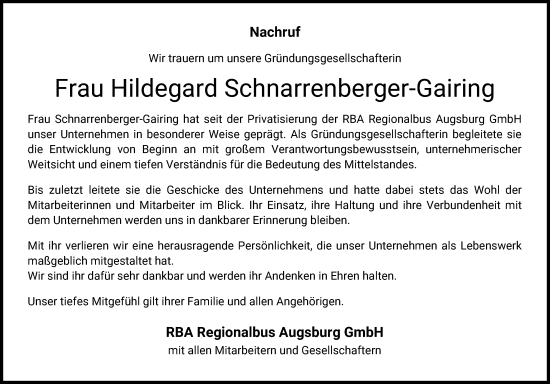 Traueranzeige von Hildegard Schnarrenberger-Gairing von Augsburger Allgemeine