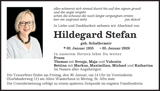 Traueranzeige von Hildegard Stefan von Friedberger Allgemeine