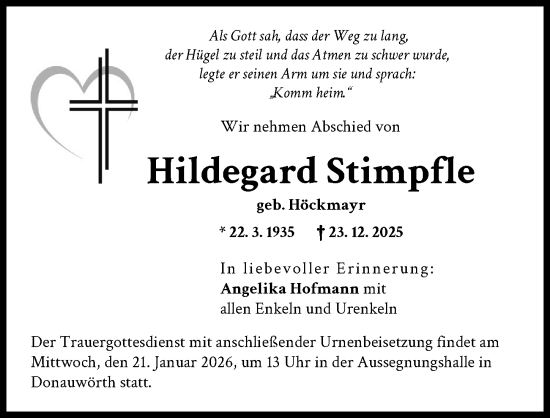 Traueranzeige von Hildegard Stimpfle von Donauwörther Zeitung