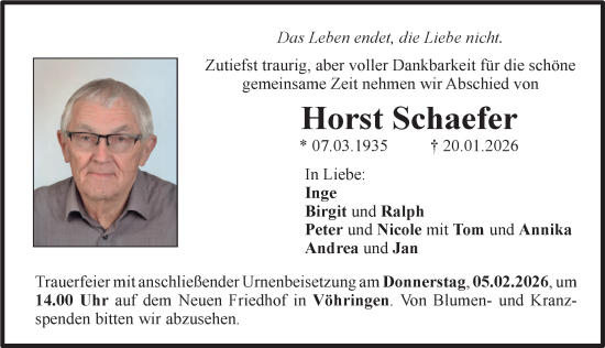 Traueranzeige von Horst Schaefer von Illertisser Zeitung