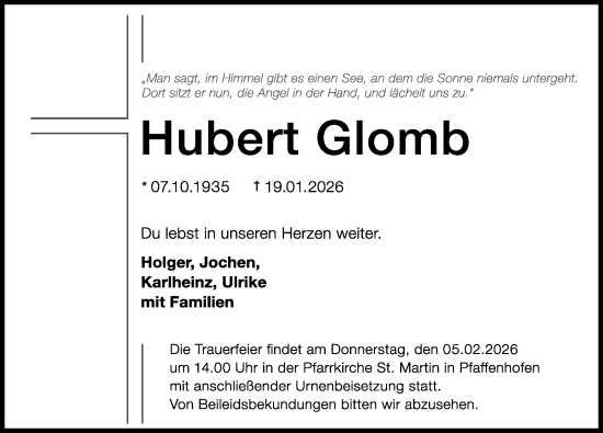 Traueranzeige von Hubert Glomb von Neu-Ulmer Zeitung, Augsburger Allgemeine