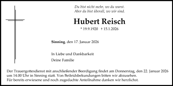 Traueranzeige von Hubert Reisch von Neuburger Rundschau