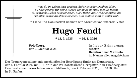 Traueranzeige von Hugo Fendt von Friedberger Allgemeine, Augsburg-Land