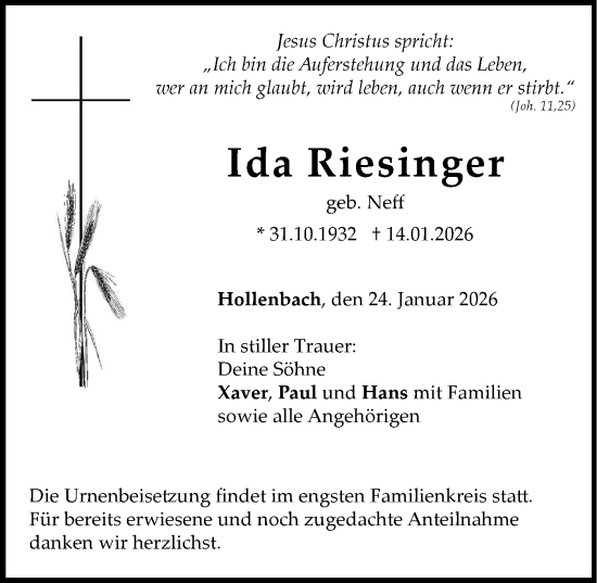 Traueranzeige von Ida Riesinger von Neuburger Rundschau