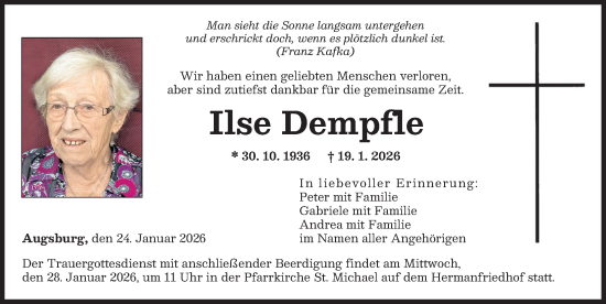Traueranzeige von Ilse Dempfle von Augsburger Allgemeine