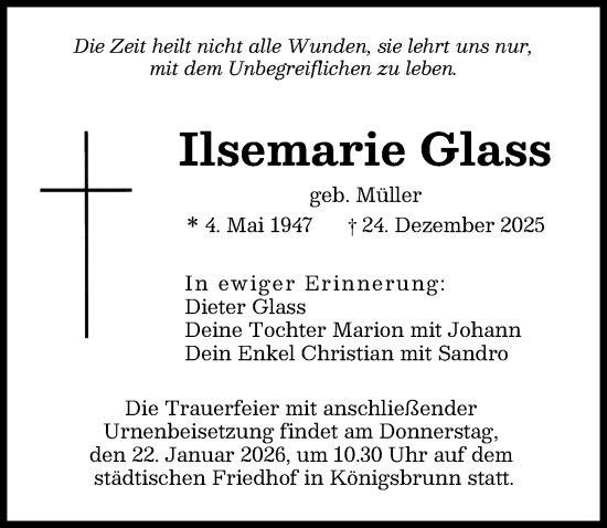 Traueranzeige von Ilsemarie Glass von Augsburger Allgemeine