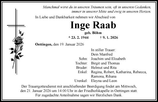 Traueranzeige von Inge Raab von Rieser Nachrichten